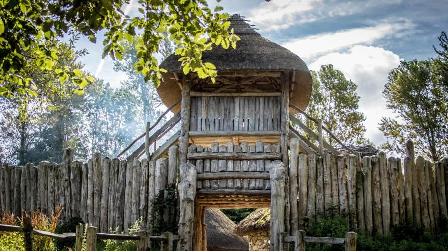 Reconstructed timber gate and thatched buildings at the Irish National Heritage Park